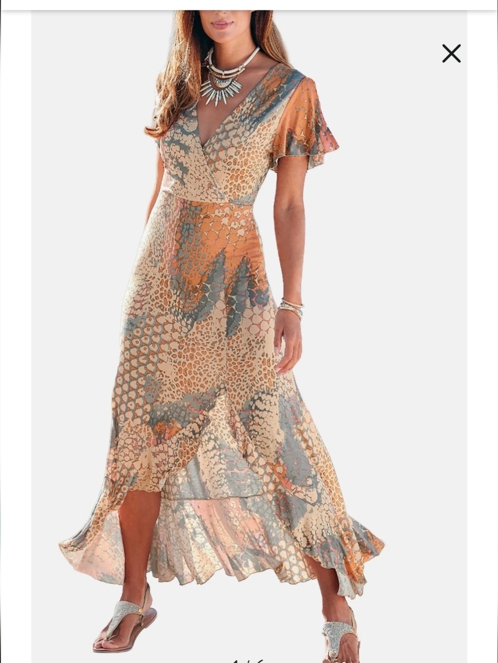 Lascana Maxi Dress — Multi-printed orange asymmetrical Ruffles side slit sz M. - Picture 5 of 16